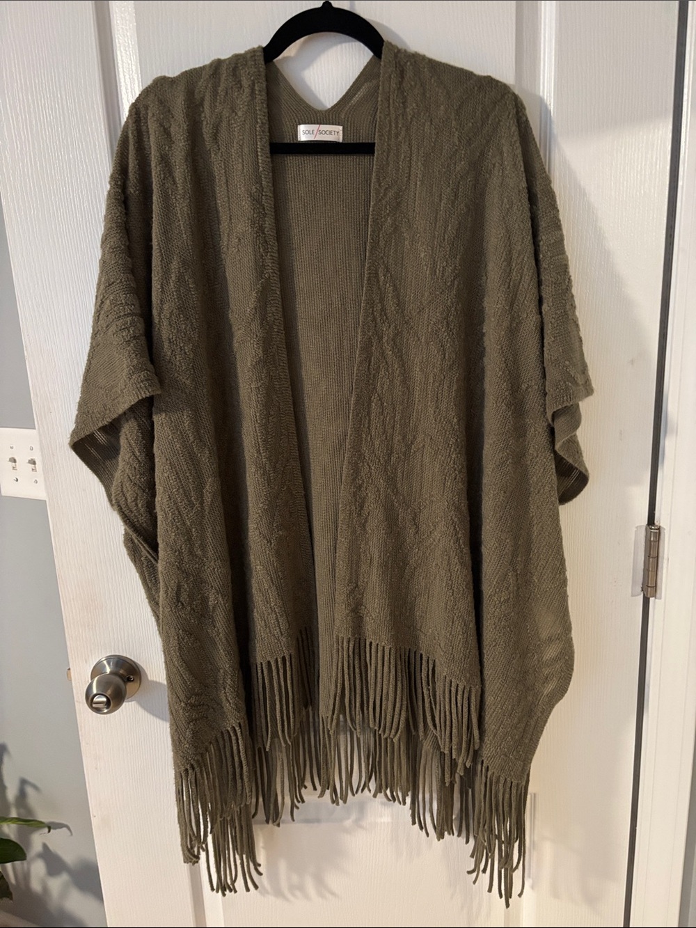Sole Society Olive Cable-Knit Fringe Poncho Wrap